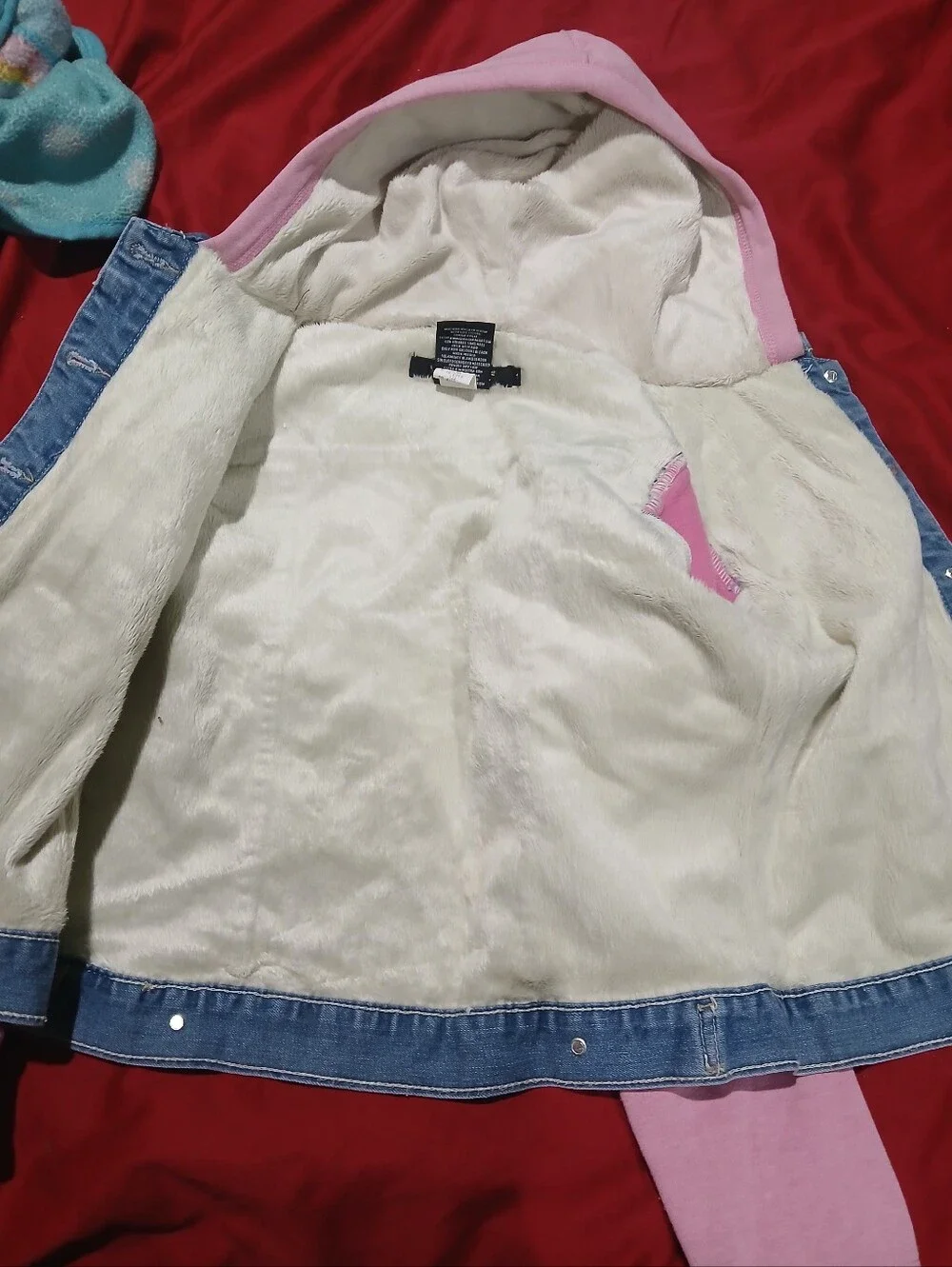 Vigoss Denim Jacket with Pink Hoodie Sleeves and Cat Elbow Prints